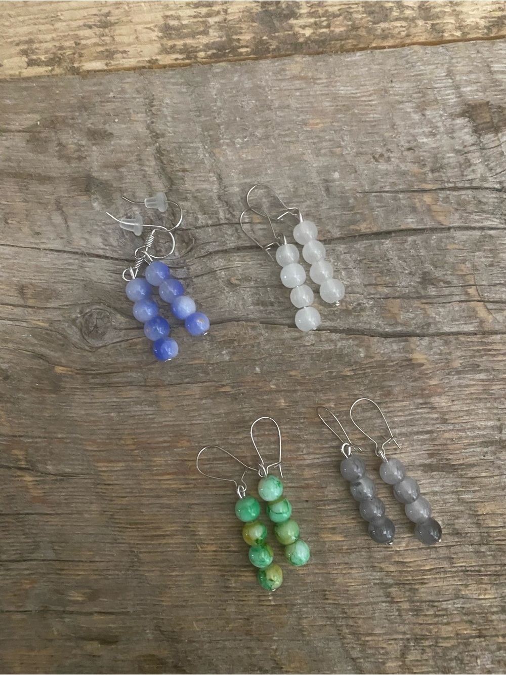 Handcrafted Glass Bead Drop Earrings – Blue, White, Green, Gray